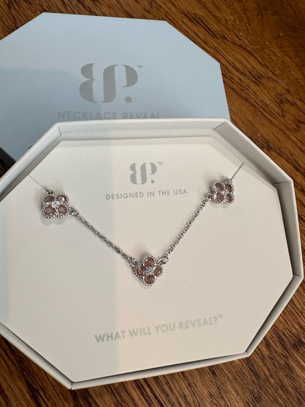 BP Ultra Rare Uni Silver Necklace with Peach Crystal Clover Accents